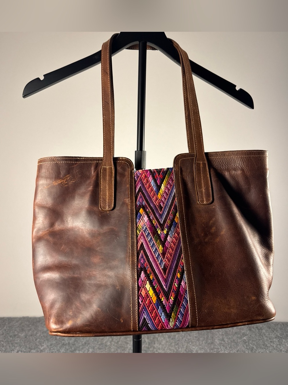 CIELO Brown Distressed Leather Tote Bag HUIPIL Woven Accent Zip Top Two Handle